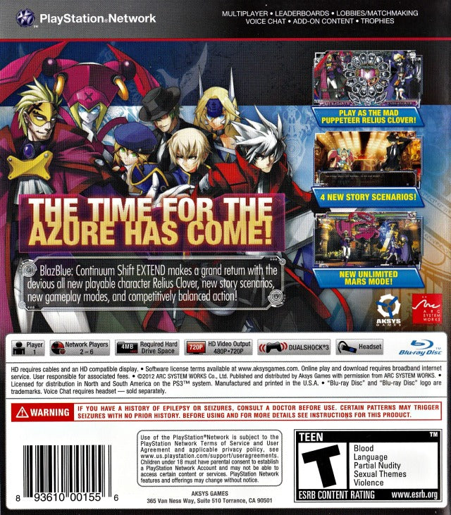 BlazBlue Continuum Shift Extend Back Cover - Playstation 3 Pre-Played