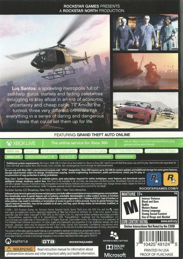Grand Theft Auto 5 Back Cover - Xbox 360 Pre-Played