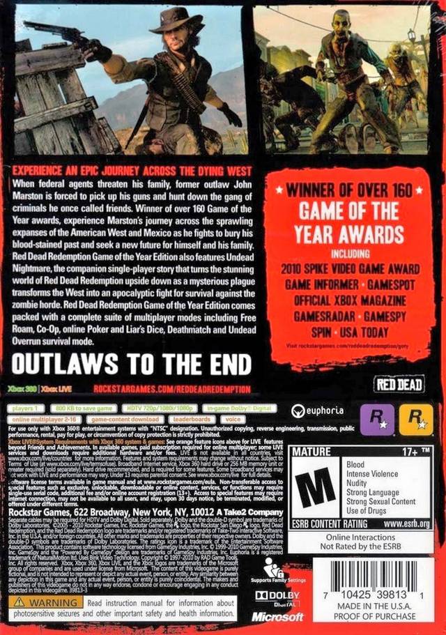 Red Dead Redemption GOTY Back Cover - Xbox 360 Pre-Played