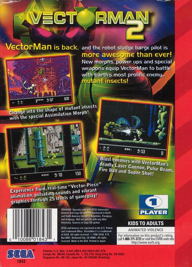 Vectorman 2 Complete in Box Back Cover - Sega Genesis Pre-Played