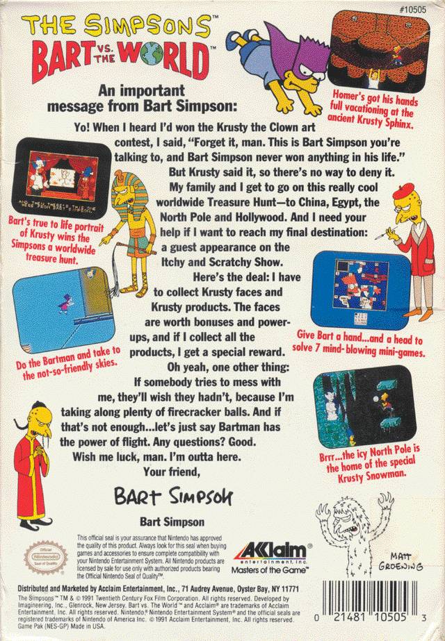 The Simpsons Bart Vs The World Back Cover - Nintendo Entertainment System, NES Pre-Played