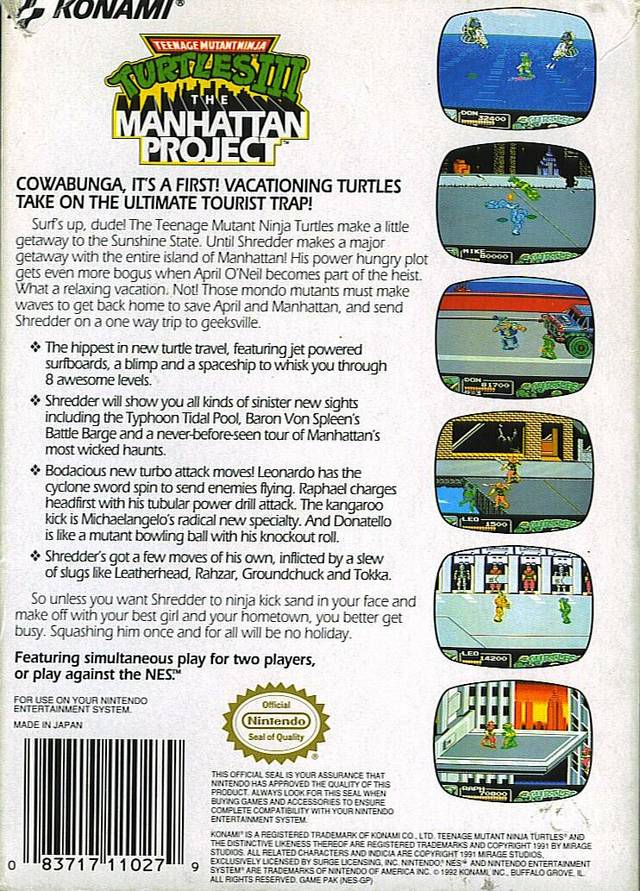 Teenage Mutant Ninja Turtles 3 Manhattan Project Back Cover - Nintendo Entertainment System, NES Pre-Played