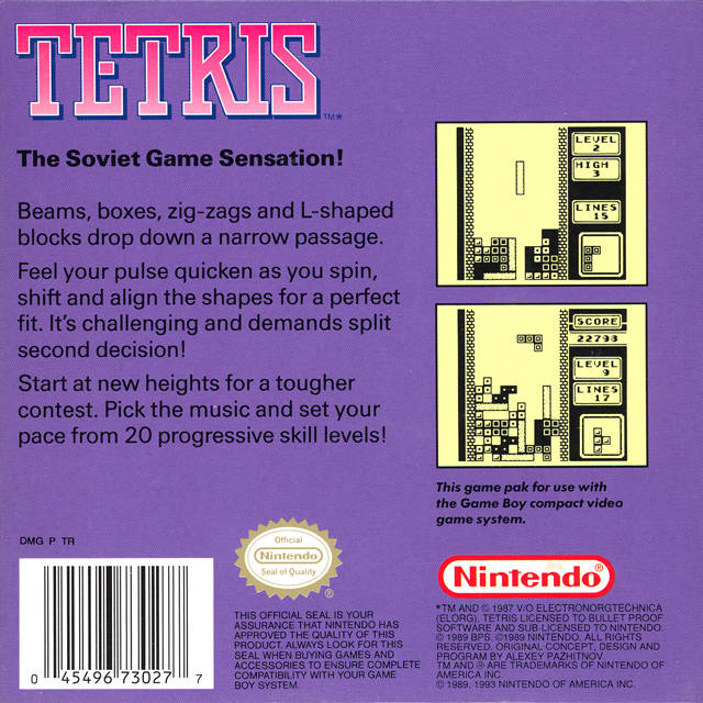Tetris Back Cover - Nintendo Gameboy Pre-Played