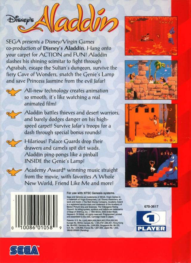 Aladdin with Box Back Cover - Sega Genesis Pre-Played