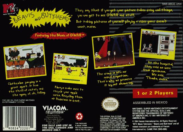 MTV's Beavis and Butthead Back Cover - Super Nintendo, SNES Pre-Played