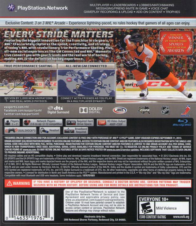 NHL 13 Back Cover - Playstation 3 Pre-Played