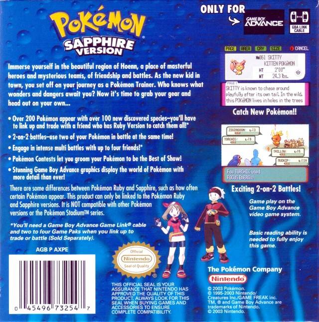 Pokemon Sapphire Version Back Cover - Nintendo Gameboy Advance Pre-Played