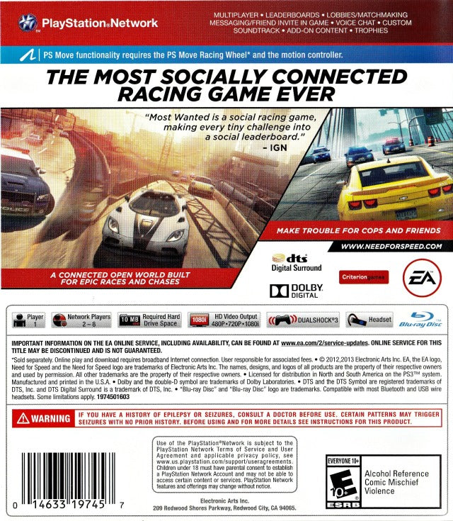 Need for Speed Most Wanted 2012 Back Cover - Playstation 3 Pre-Played