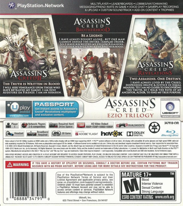 Assassin's Creed Ezio Trilogy Back Cover - Playstation 3 Pre-Played