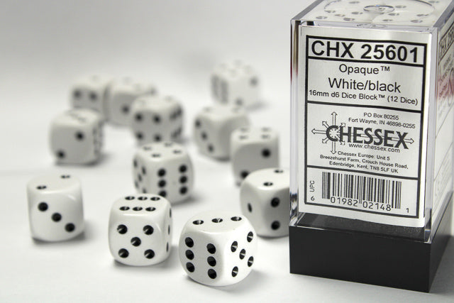 Chessex Opaque 16mm D6 White/Black (12)