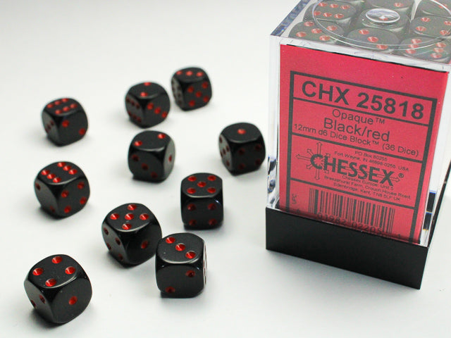 Chessex Opaque 12mm D6 Dice Block (36) - Black/Red