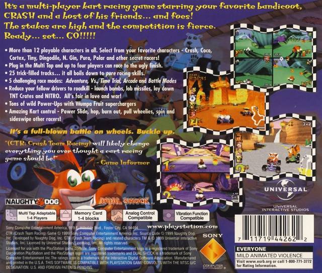 CTR Crash Team Racing Back Cover - Playstation 1 Pre-Played