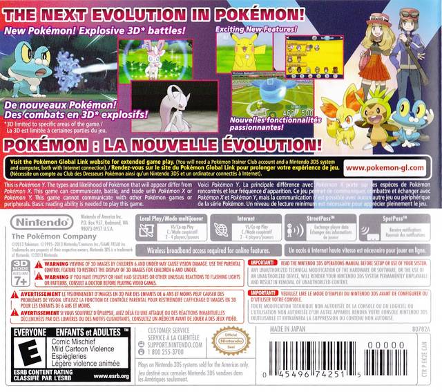 Pokemon Y Back Cover - Nintendo 3DS Pre-Played
