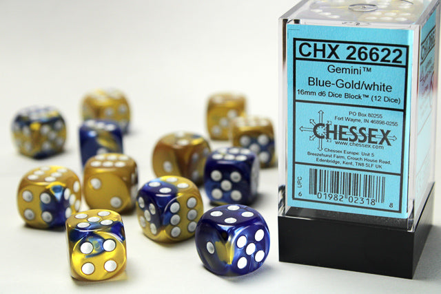 Chessex Gemini 16mm D6 Blue Gold/White (12)