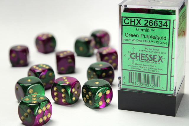 Chessex Gemini 3 16mm D6 Green Purple Gold/Black (12)