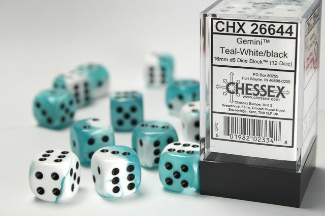 Chessex Gemini 4: 16mm D6 White Teal/Black (12)