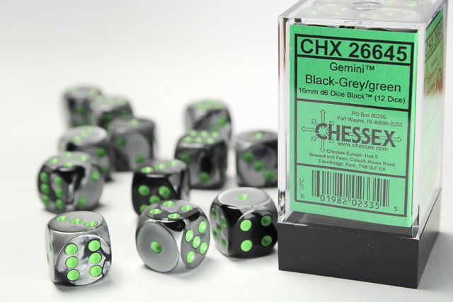 Chessex Gemini 5 16mm D6 Black Gray/Green (12)