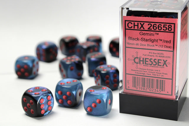 Chessex Gemini 7 16mm D6 Black Starlight/Red (12)