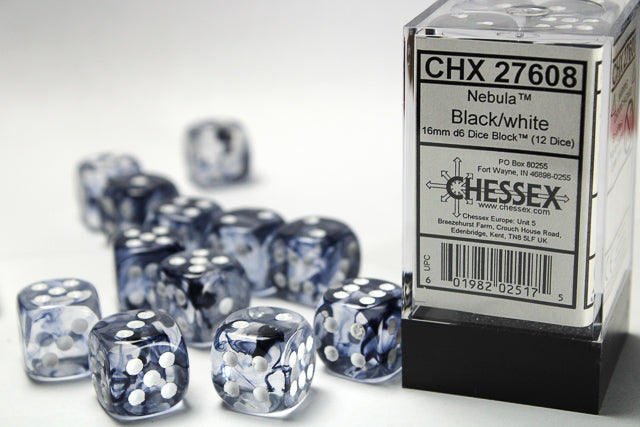 Chessex Nebula 16mm D6 Black/White Block (12)