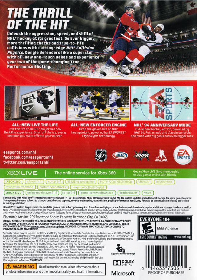 NHL 14 Back Cover - Xbox 360 Pre-Played