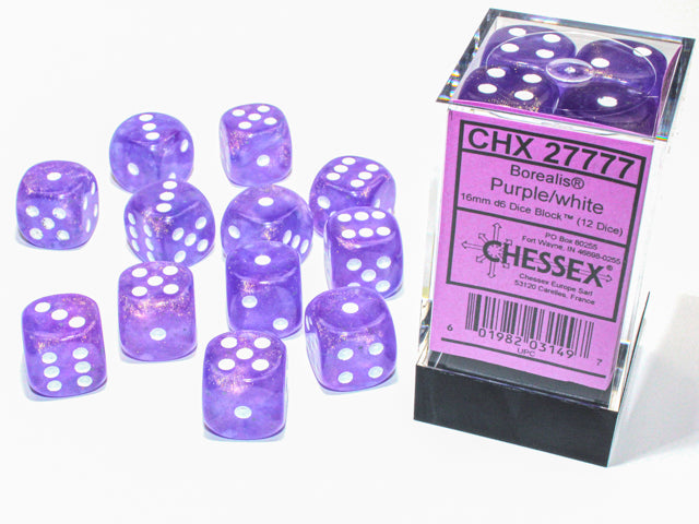 Chessex Borealis 16mm D6 Purple/White Luminary Dice Block (12 Dice) 