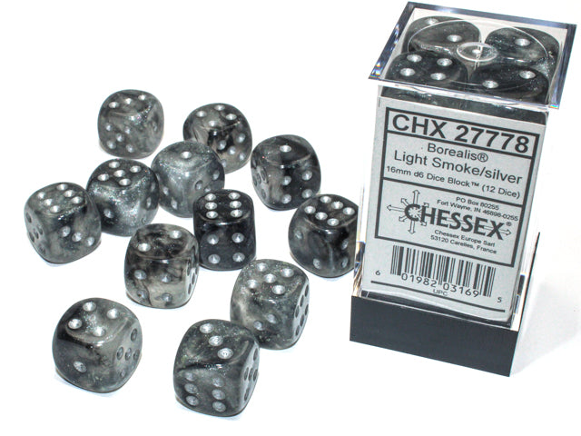 Chessex Borealis 16mm D6 Dice Block (12) - Luminary Light Smoke/Silver