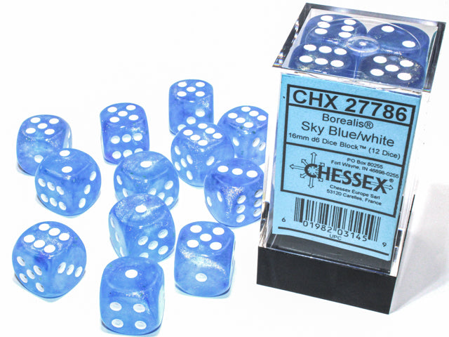 Chessex Borealis 16mm D6 Sky Blue/White Luminary Dice Block (12 Dice)