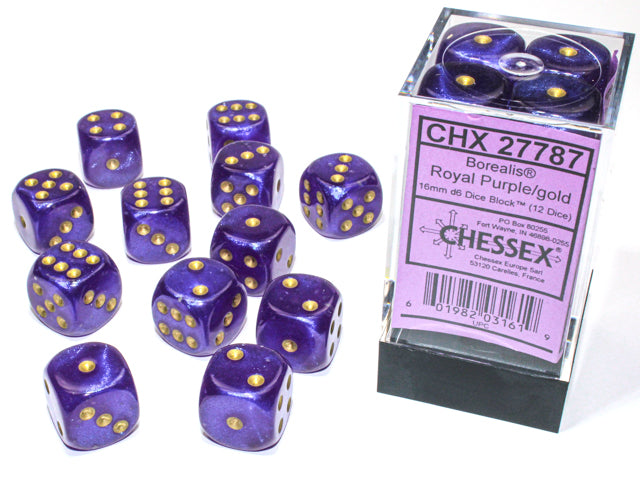 Chessex Borealis 16mm D6 Royal Purple/Gold Luminary Dice Block (12 Dice) 