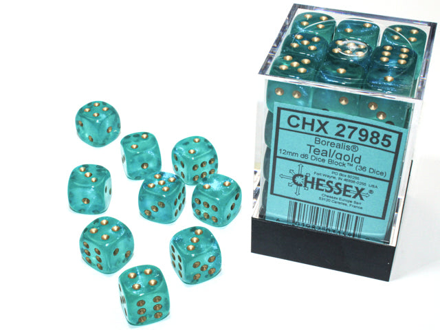 Chessex Borealis 12mm D6 Teal/Gold Luminary Dice Block (36 Dice)