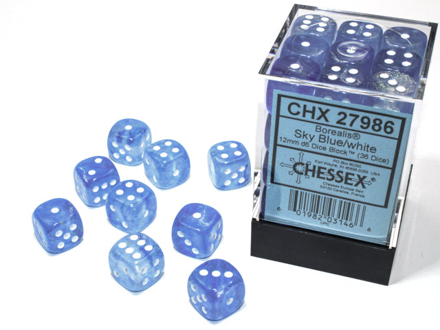 Chessex Borealis 12mm D6 Sky Blue/White Luminary Dice Block (36 Dice) 