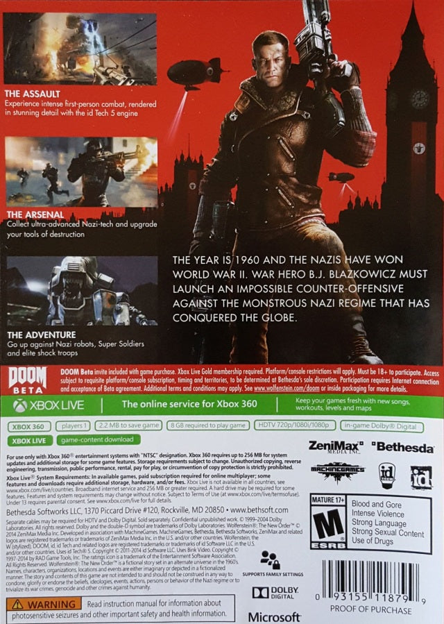 Wolfenstein The New Order Back Cover - Xbox 360 Pre-Played