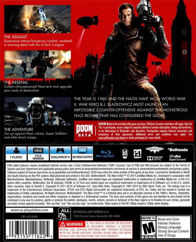 Wolfenstein The New Order Back Cover - Playstation 4 Pre-Played