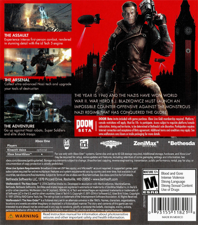 Wolfenstein The New Order Back Cover - Xbox One Pre-Played