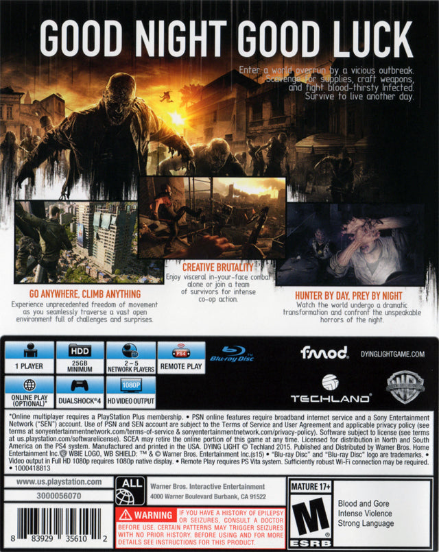 Dying Light Back Cover - Playstation 4 Pre-Played