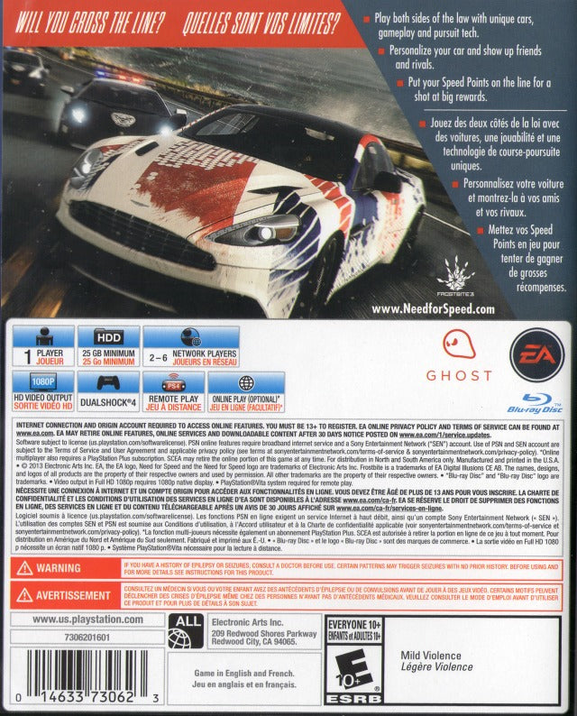 Need for Speed Rivals Back Cover - Playstation 4 Pre-Played