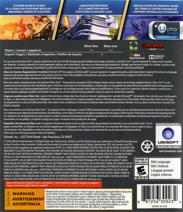 Trials Fusion Back Cover - Xbox One Pre-Played