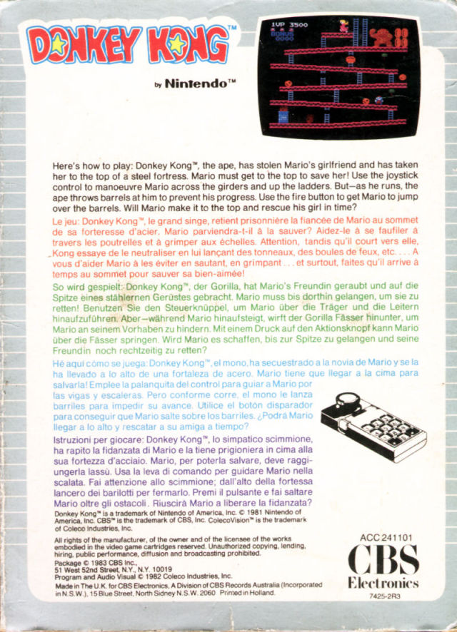 Donkey Kong Back Cover - ColecoVision Pre-Played