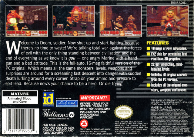 DOOM Back Cover - Super Nintendo SNES Pre-Played