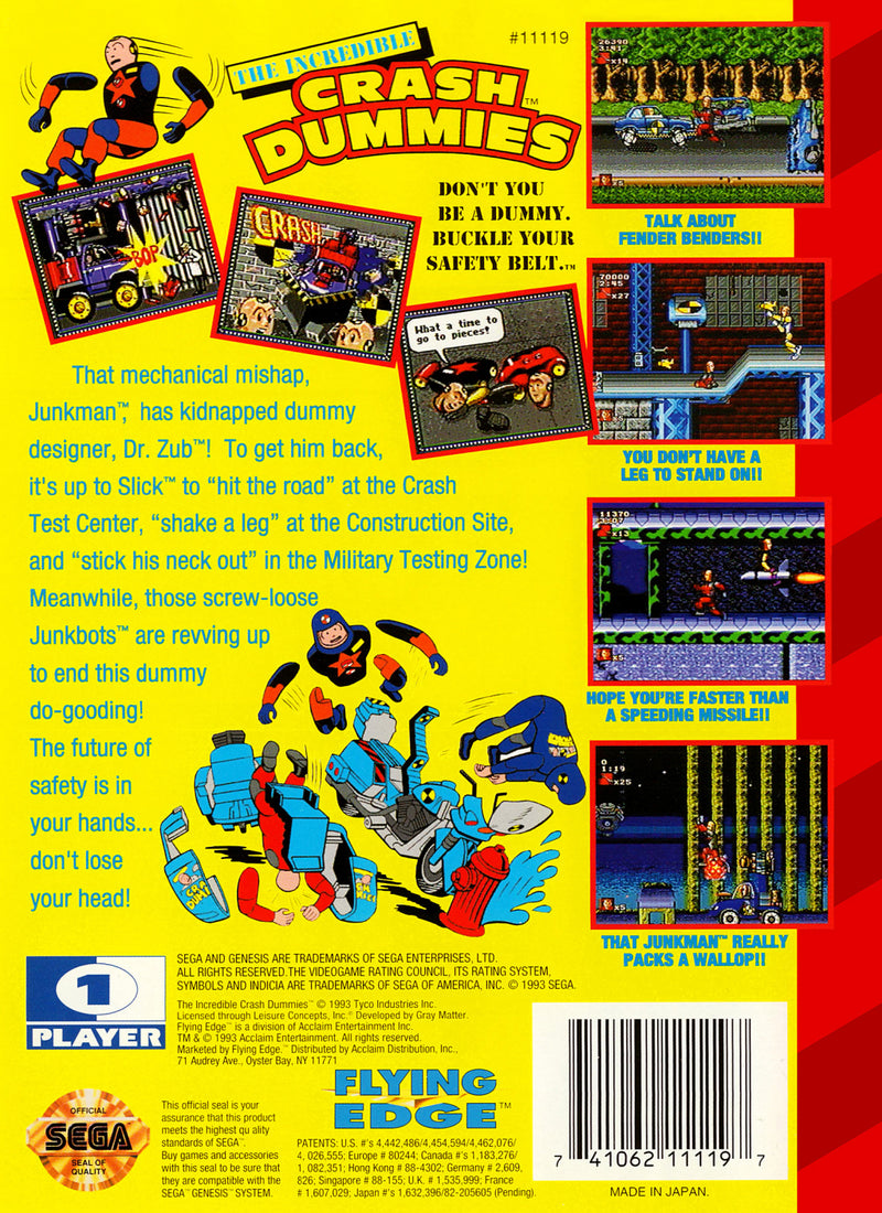 Incredible Crash Dummies Complete in Box Back Cover - Sega Genesis Pre-Played