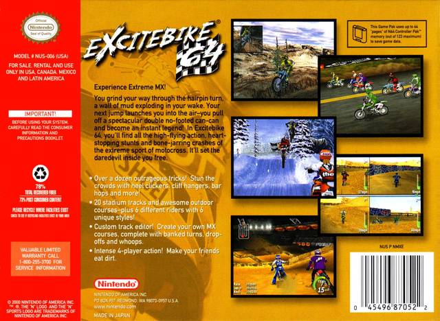 Excitebike 64 Back Cover - Nintendo 64 Pre-Played