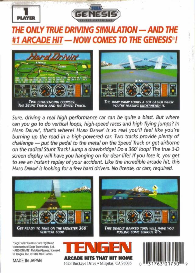 Hard Drivin' Back Cover - Sega Genesis Pre-Played