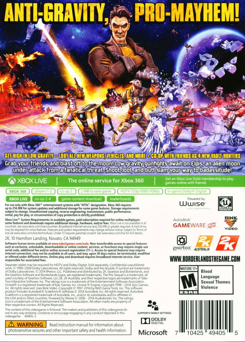 Borderlands: The Pre-Sequel Back Cover - Xbox 360 Pre-Played