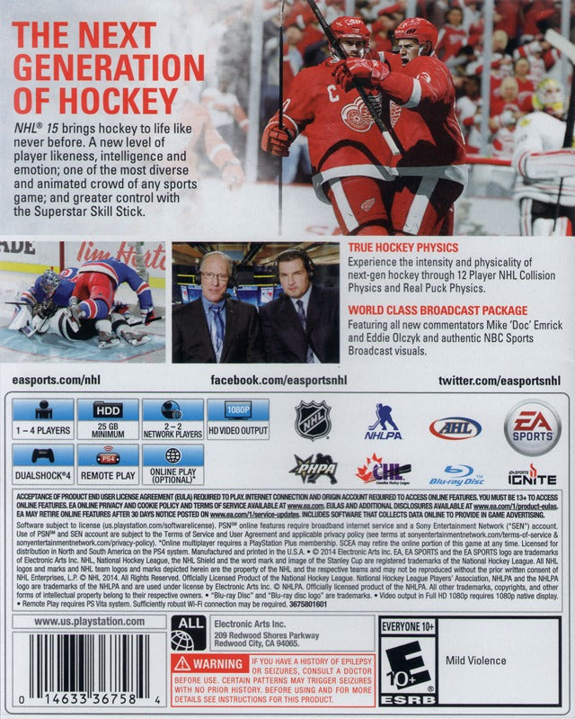 NHL 15 Back Cover - Playstation 4 Pre-Played