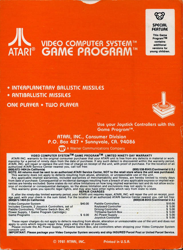 Missile Command Back Cover - Atari Pre-Played