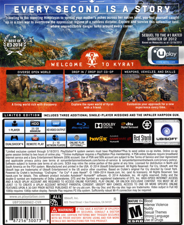 Far Cry 4 Back Cover - Playstation 4 Pre-Played