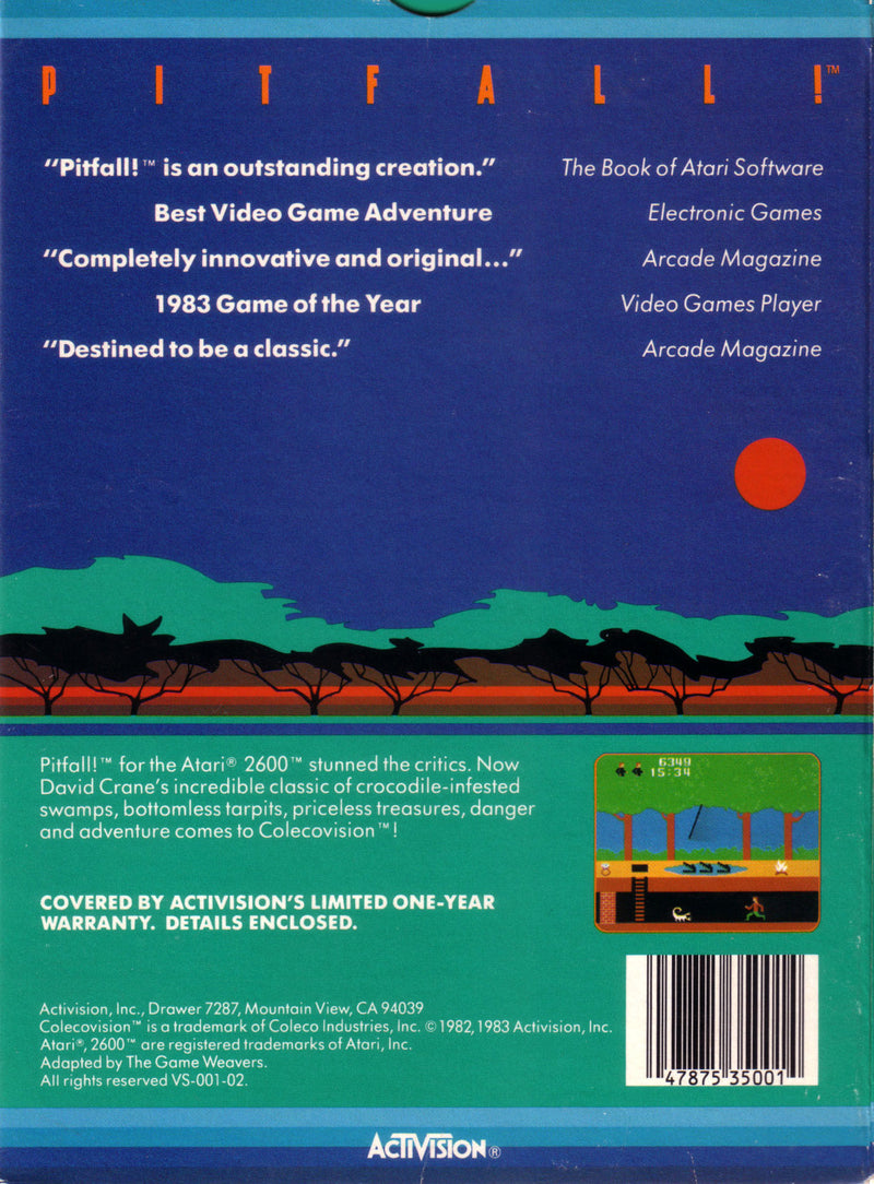 Pitfall! Back Cover - ColecoVision Pre-Played