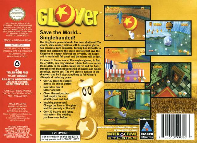 Glover Back Cover - Nintendo 64 Pre-Played