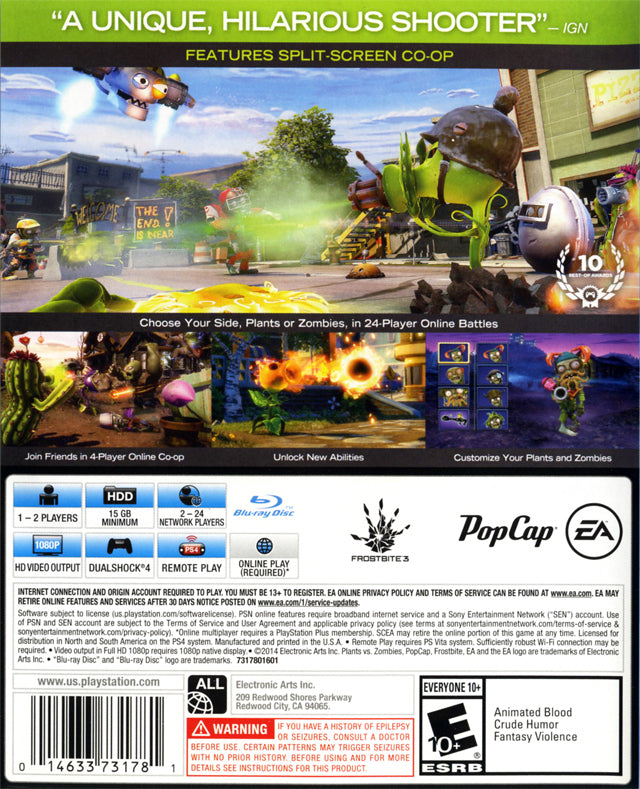Plants VS Zombies Garden Warfare Back Cover - Playstation 4 Pre-Played