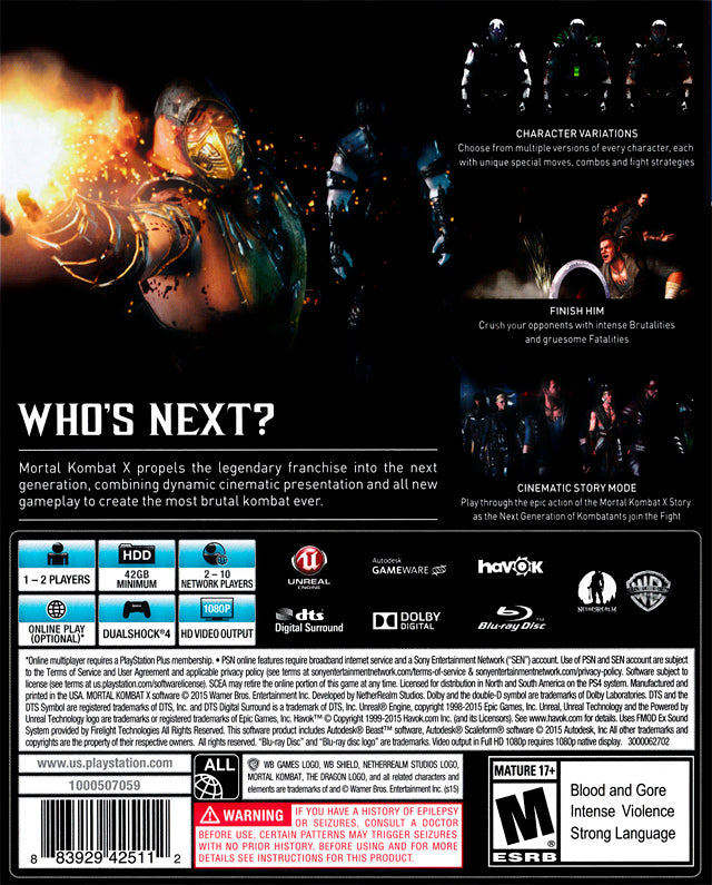 Mortal Kombat X Back Cover - Playstation 4 Pre-Played