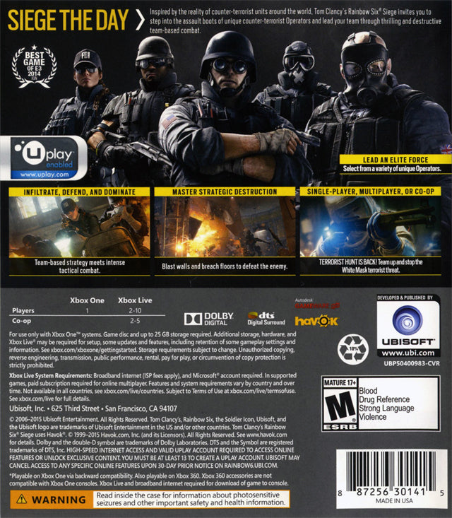 Tom Clancy's Rainbow Six Siege Back Cover - Xbox One Pre-Played